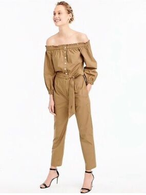 NWT J. Crew Off-Shoulder Belted Jumpsuit in Camel/Tan. Not line and has pockets